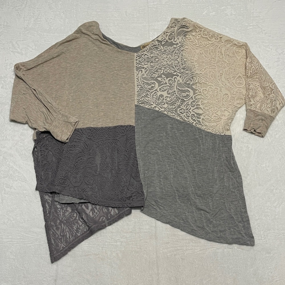 Democracy 1X Patchwork Lace Knit Dolman Sleeve Asymmetrical‎ Top Women's Boho